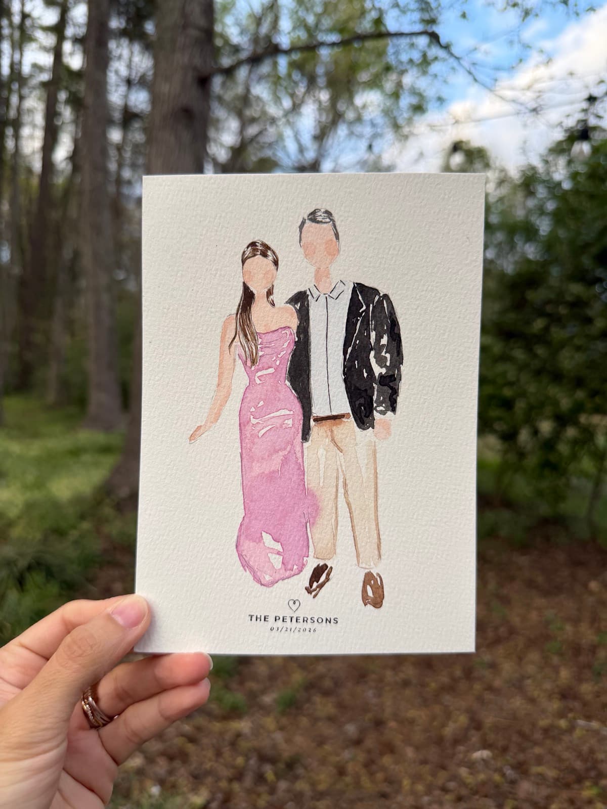 Watercolor wedding portrait beneath a tree
